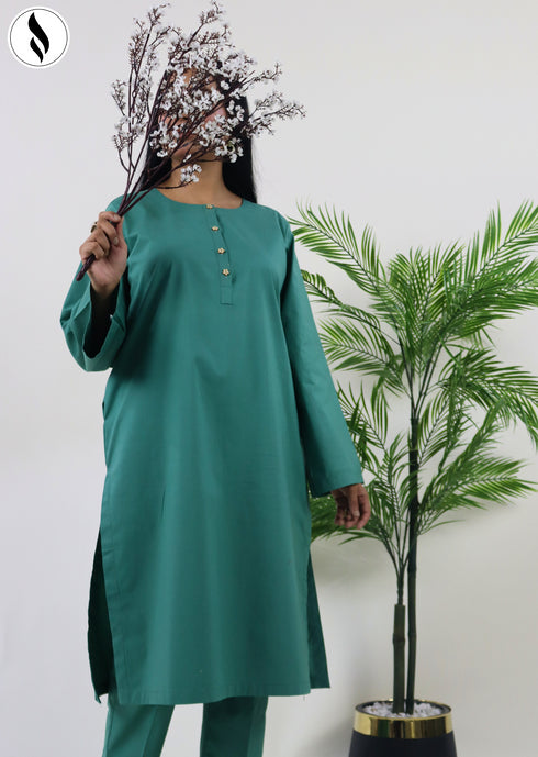 NZSC-1512 Stiched 2 Piece Green Co Ord Set Cotton